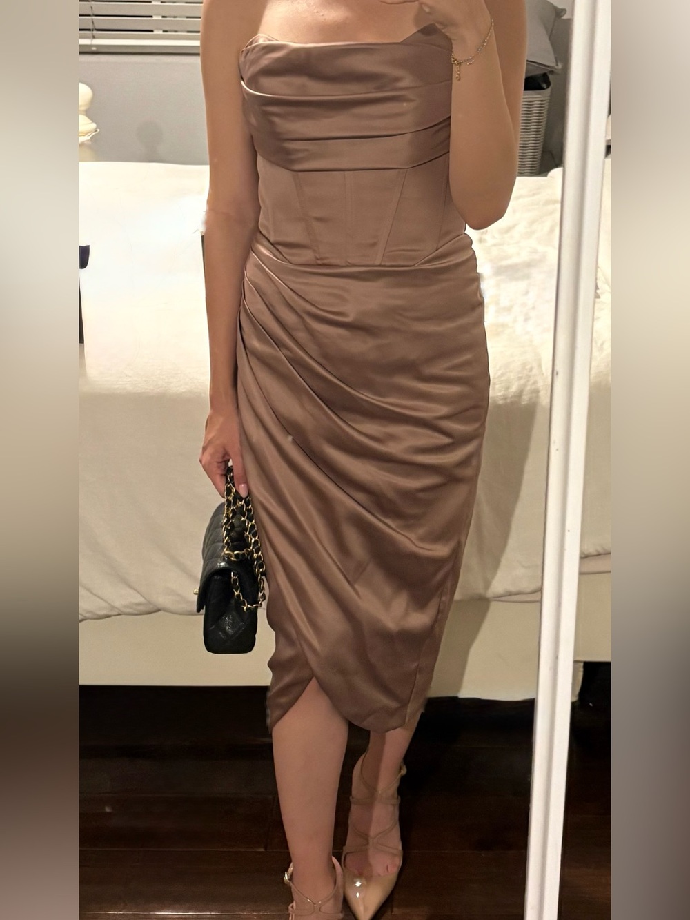 Bardot Strapless Satin Ruched Midi Dress in Taupe